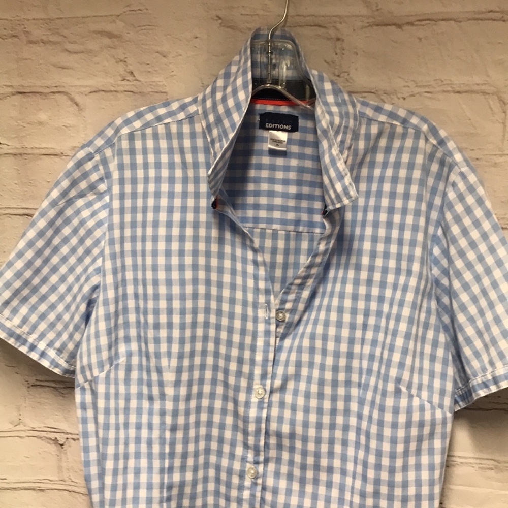 Vintage Plaid 1950 vibe button down top button down blue checkered Cotton XL - Picture 9 of 10